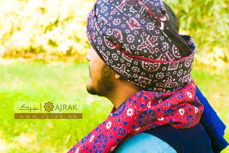 Chakki Wari Ajrak Shawl with Jileb Ajrak Turban