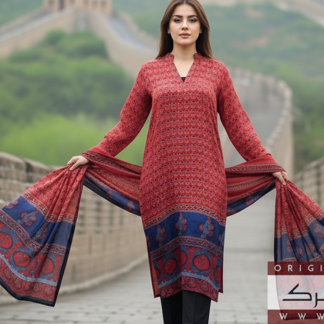 Handcrafted elegance in deep crimson and indigo — inspired by the colors of Sindhi twilight.