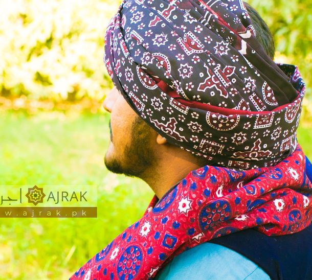 Chakki Wari Ajrak Shawl with Jileb Ajrak Turban