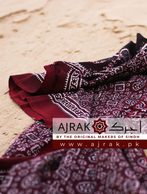 Experience the luxury of Maroon Jileb ajrak on the softest, highest quality organic cotton