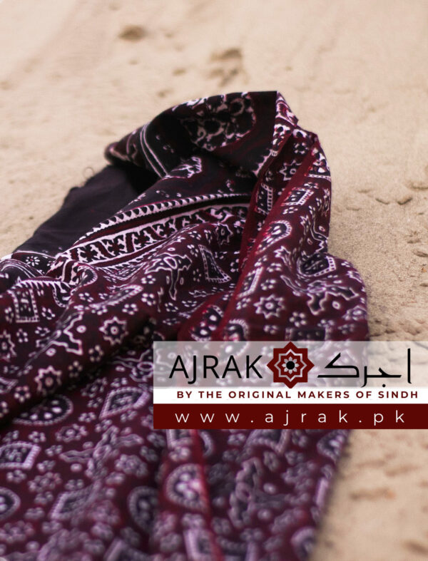 Original Maroon Jileb ajrak design in rich, earthy hues