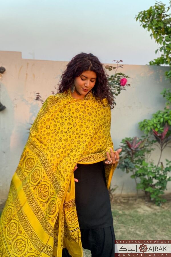 Ajrak Mustard Silk Dupatta Kharikh Ajrak Handprinted