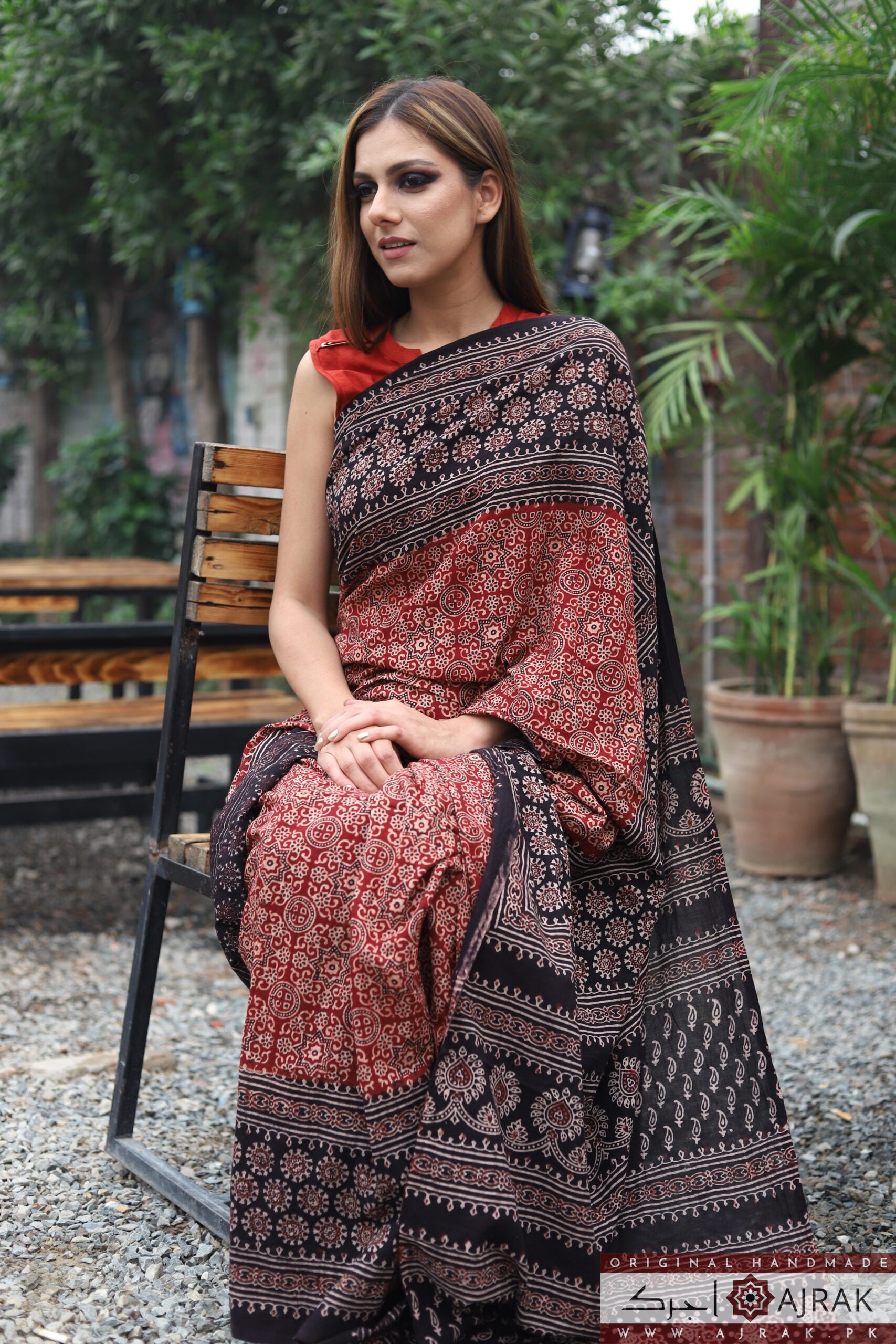Black Red Ajrak Blockprint Saree With Natural Dye Black Red Ajrak Blockprint Saree With Natural Dye