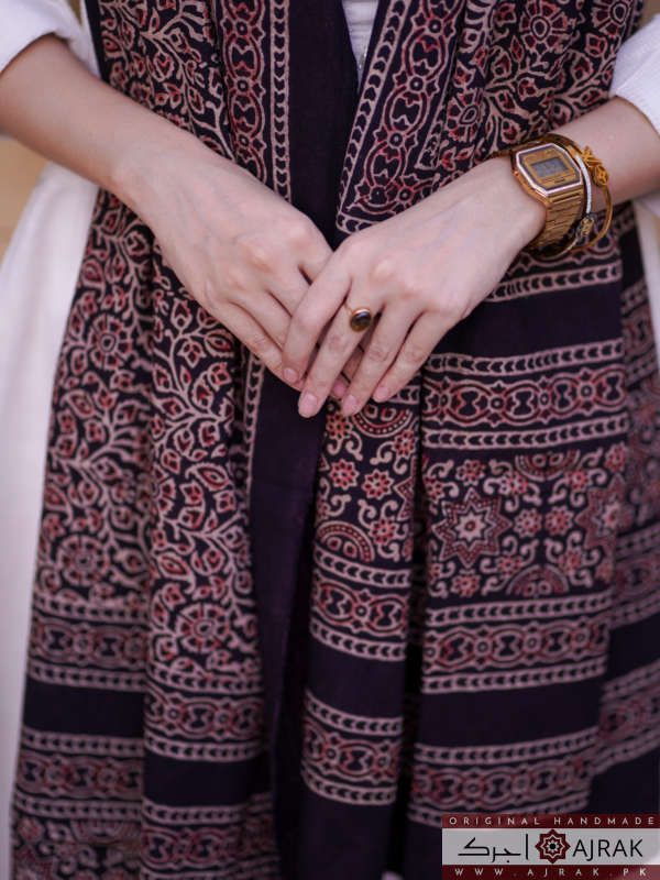 Black Ajrak Stole with Natural Dye - Image 3