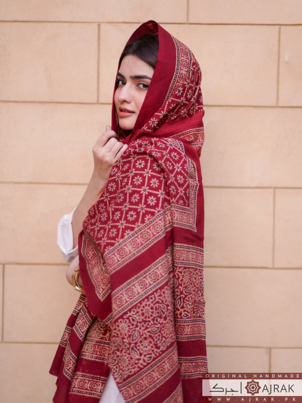Red Ajrak Stole with Natural Dye