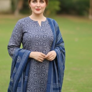 Handcrafted Ajrak silk suit in black and blue featuring traditional Sindhi block motifs and borders printed on pure silk fabric