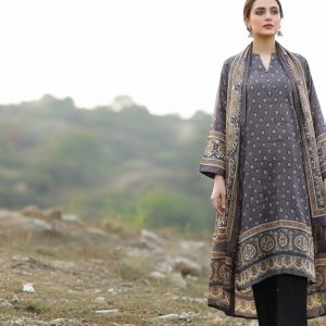 Model wearing handmade grey Ajrak silk 2-piece suit with golden motifs and elegant border.