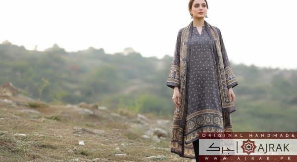 Model wearing handmade grey Ajrak silk 2-piece suit with golden motifs and elegant border.