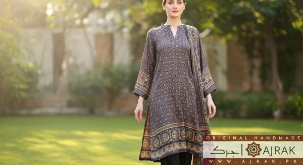 Elegant grey Ajrak silk suit reflecting Sindhi heritage and artisanal craftsmanship.