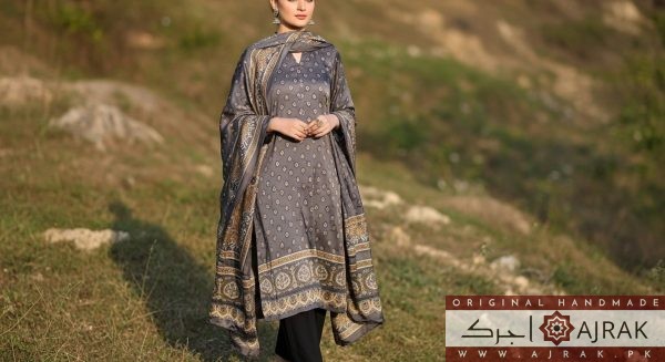 Original Sindhi Ajrak silk suit in grey and gold block print pattern.