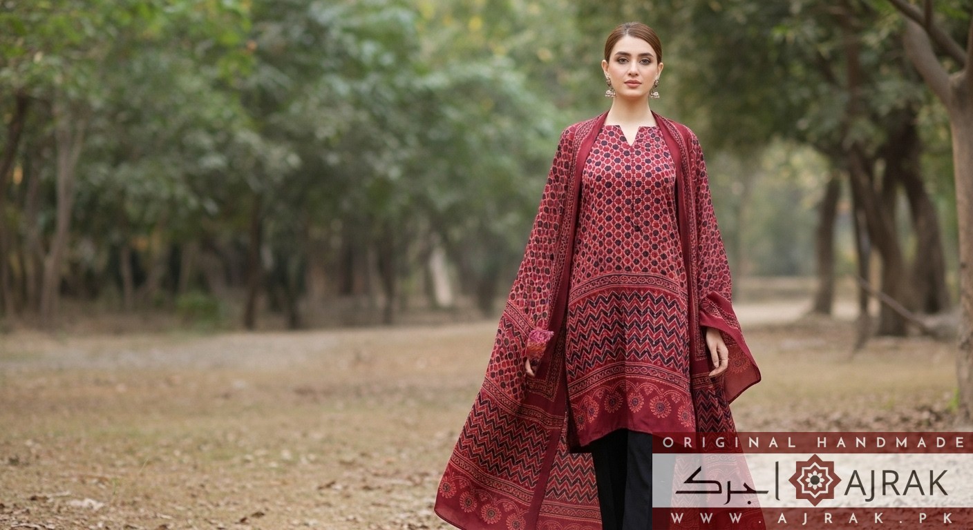 Model wearing Gulzar Ajrak silk 2-piece suit in maroon tones