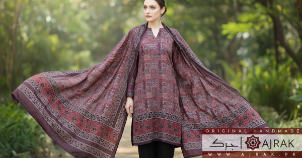 Original Handmade Sindhi Ajrak Silk 2-Piece Suit – Maroon Heritage Edition