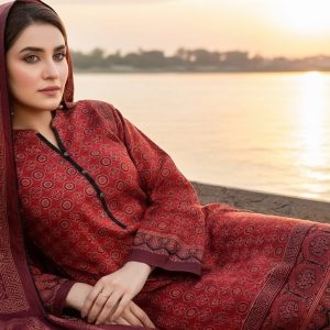 a deep red handcrafted Ajrak silk suit adorned with circular block motifs