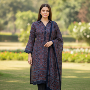 Deep blue and rust Ajrak silk suit with traditional Sindhi motifs and elegant borders — Saaya design.