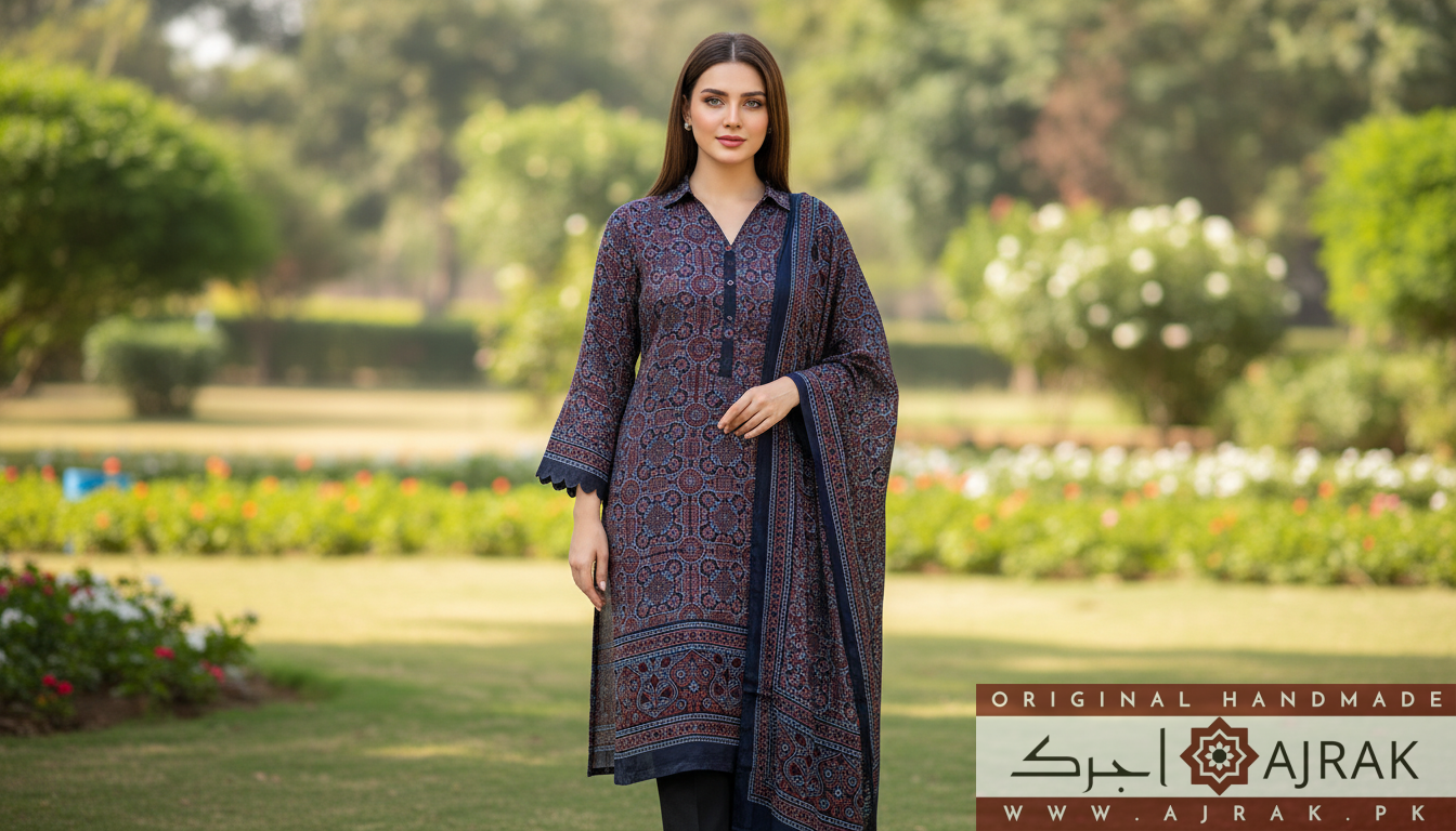 Deep blue and rust Ajrak silk suit with traditional Sindhi motifs and elegant borders — Saaya design.
